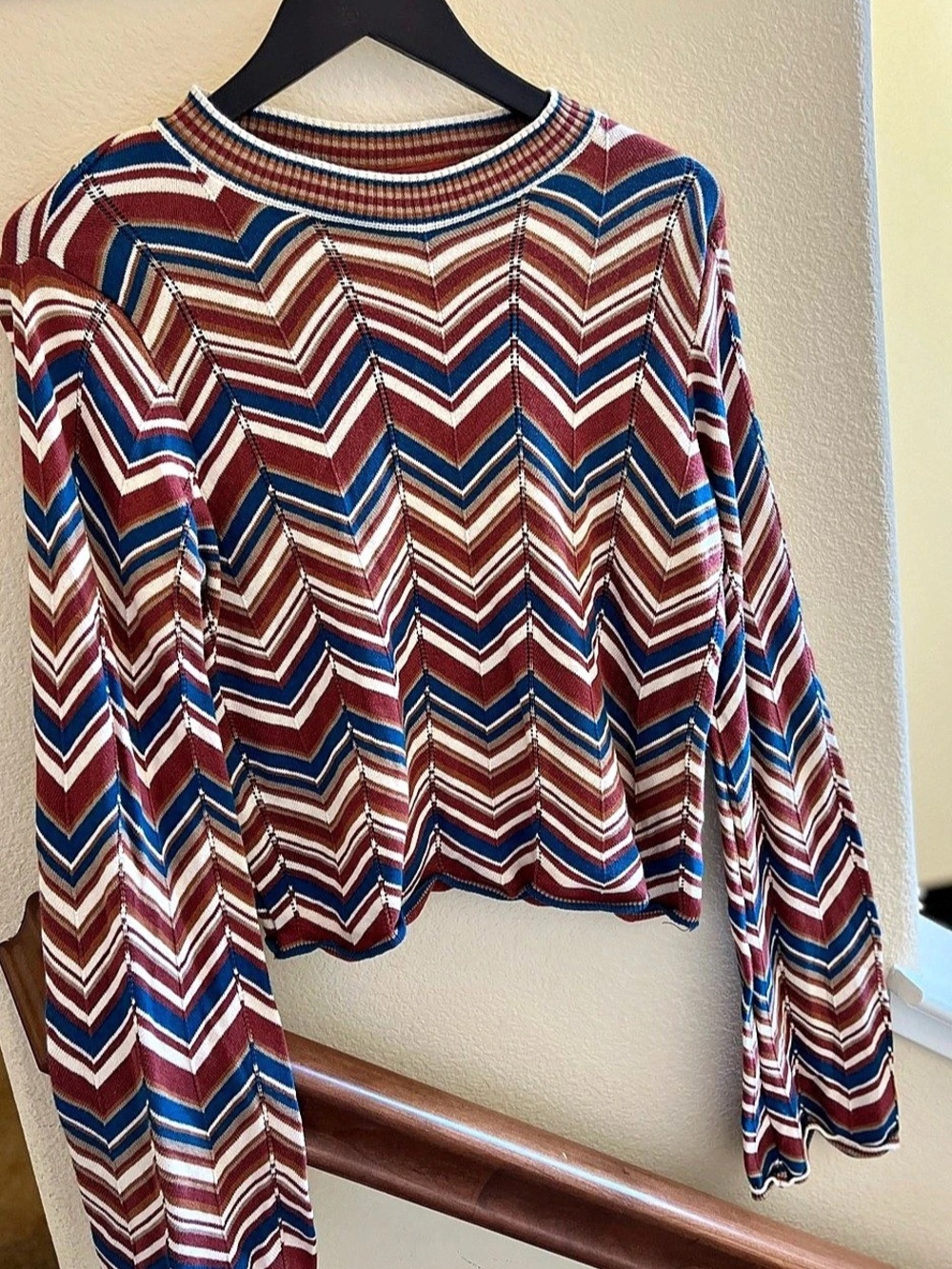 Focused): Rock & Roll Denim Chevron Bell Sleeve Crop Sweater Boho Western Size L